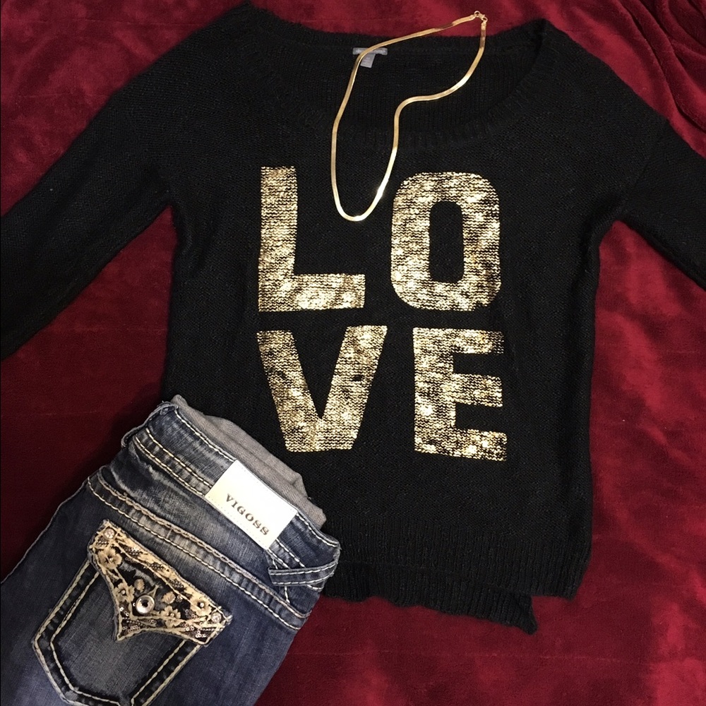 Charlotte Russe Love Sweater Size Medium Black Scoop Neck Knit Pullover EUC
